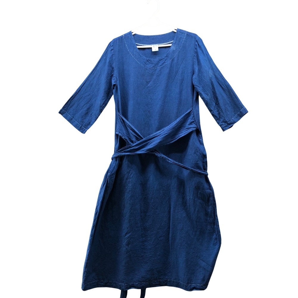 Len Ok Linen Midi Dress Womens M Blue Lagenlook 3/4 Sleeve Tie Belt Waist